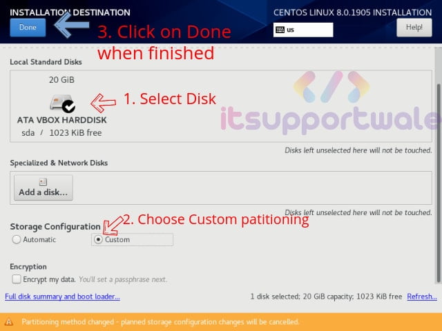 select-custom-partition-method-centos-8-installation