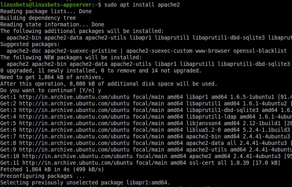 install apache2 in ubuntu 20.04 lts